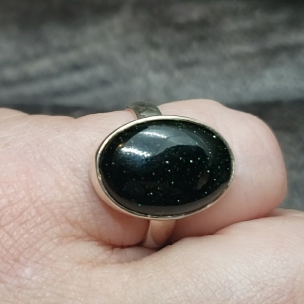 925 Green Goldstone Ring Sz. 8